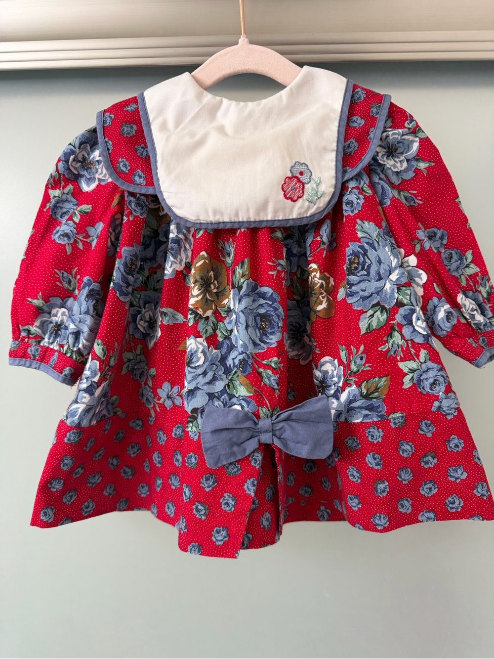 Vintage 90’s Polly Finders Red Floral Bib-Front Baby Dress 12M